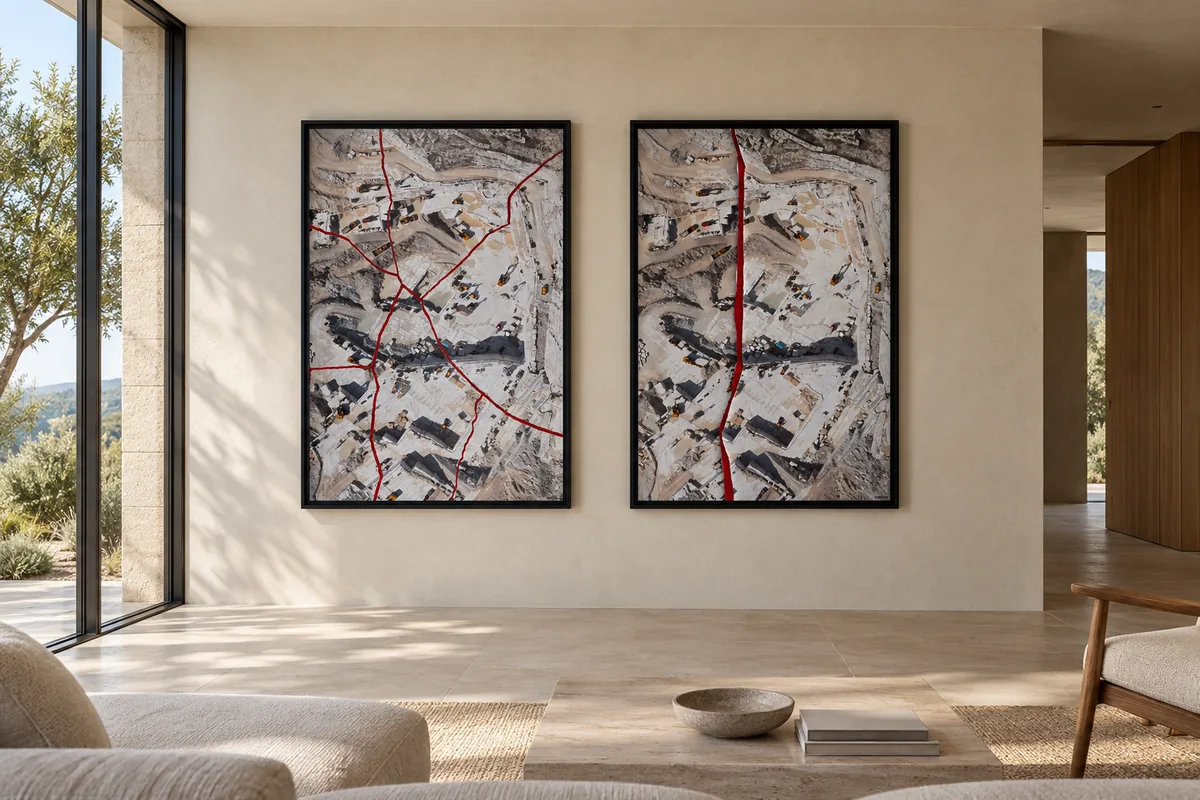 Visualizzazione di progetto: due opere di GARUDA sulle cave di Carrara appese affiancate alla parete in stucco chiaro di una villa, accanto a una vetrata sugli olivi. A sinistra Fratture Correlate, attraversata da una rete di strappi rossi; a destra Frattura Anomala, con un solo strappo rosso verticale.