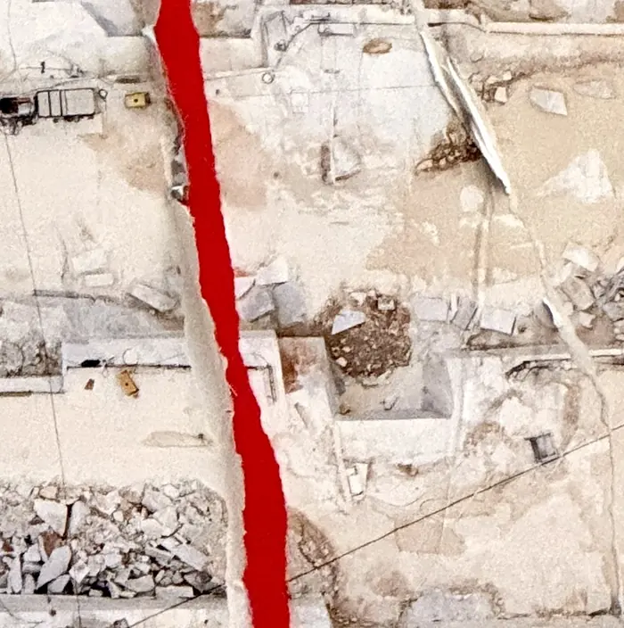 Dettaglio di Frattura Anomala: lo strappo rosso attraversa il bianco della cava.